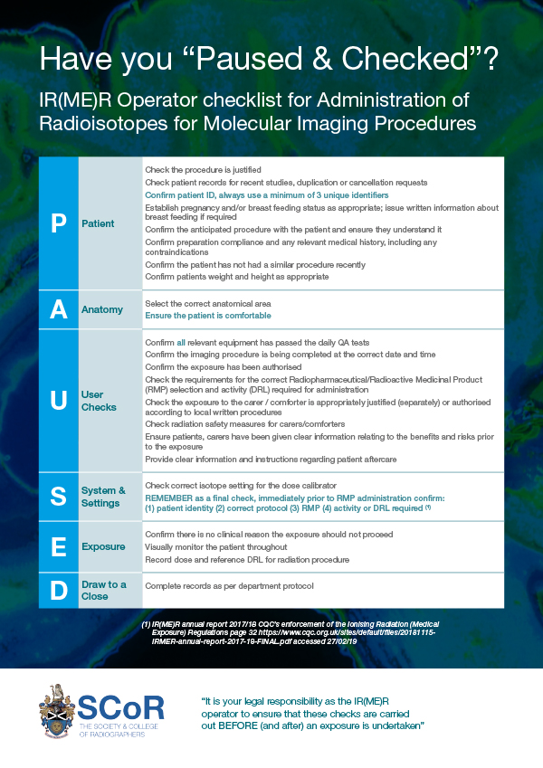 Have you "Paused & Checked"? IR(ME)R Operator checklist for Administration of Radioisotopes for Molecular Imaging Procedures 